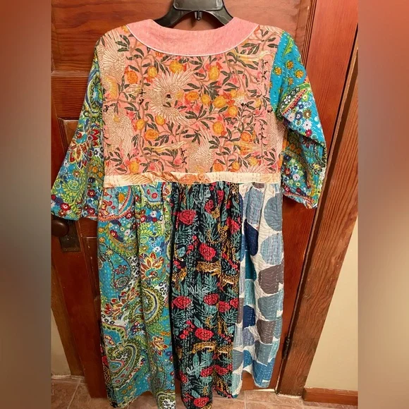 Kantha Bohemian Mixed-Print V-Neck Women’s Dress in Mustard & Teal - Picture 4 of 7